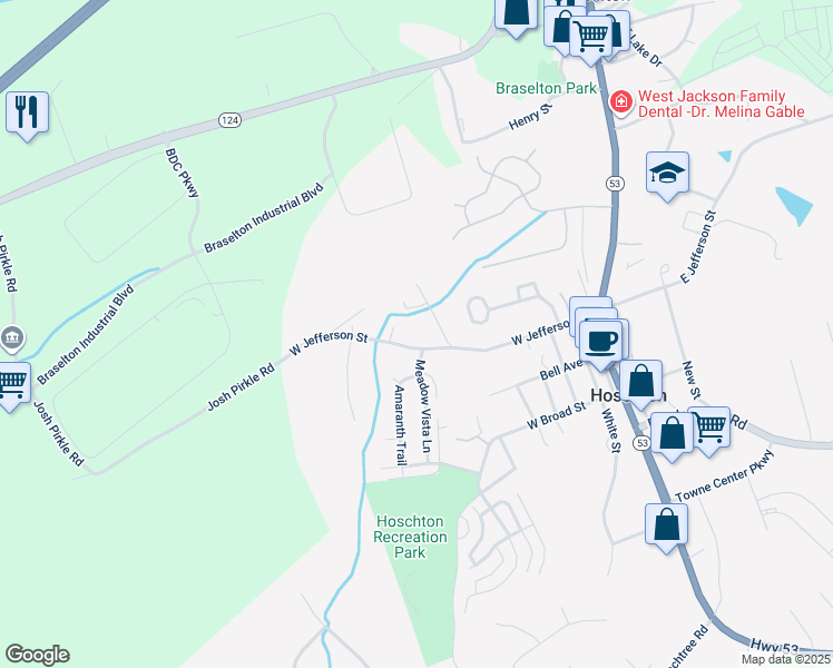 map of restaurants, bars, coffee shops, grocery stores, and more near 416 West Jefferson Street in Hoschton