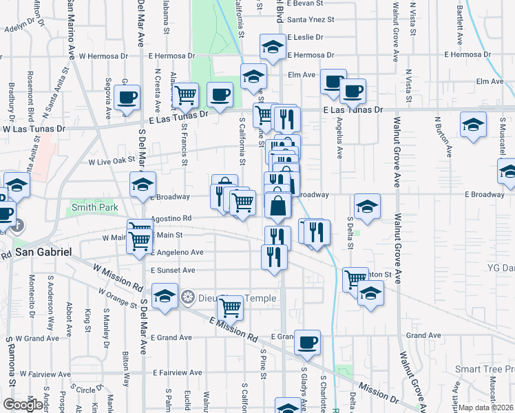 map of restaurants, bars, coffee shops, grocery stores, and more near 315 South Pine Street in San Gabriel