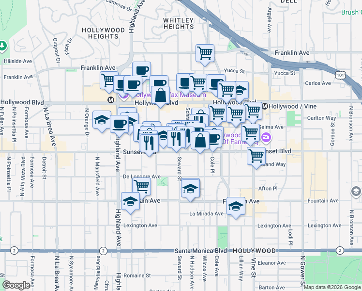 map of restaurants, bars, coffee shops, grocery stores, and more near 6565 Sunset Boulevard in Los Angeles