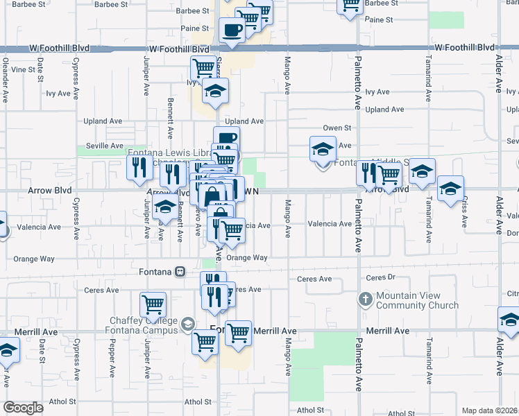 map of restaurants, bars, coffee shops, grocery stores, and more near 8566 Newport Avenue in Fontana