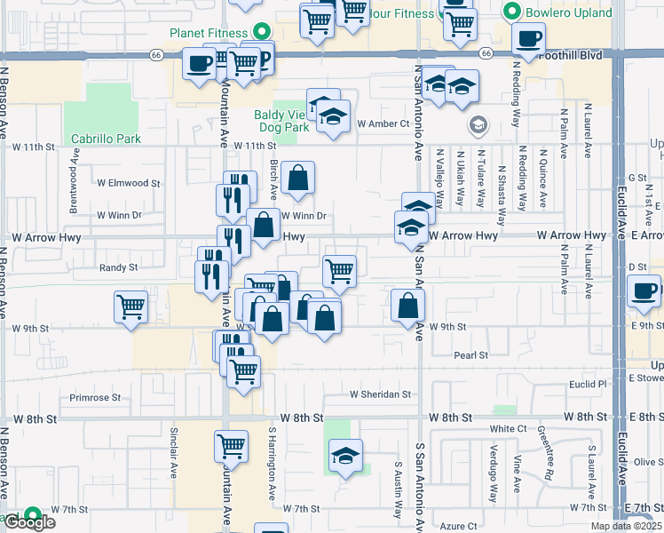 map of restaurants, bars, coffee shops, grocery stores, and more near 978 West Arrow Highway in Upland
