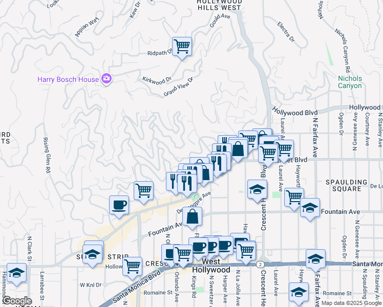 map of restaurants, bars, coffee shops, grocery stores, and more near 8380 Hollywood Boulevard in Los Angeles