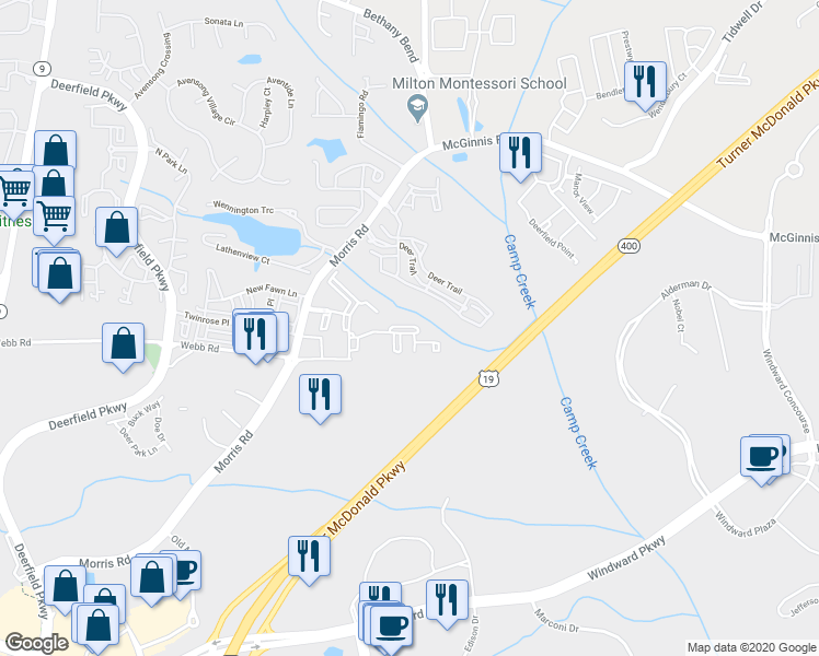 map of restaurants, bars, coffee shops, grocery stores, and more near 13085 Morris Road in Alpharetta