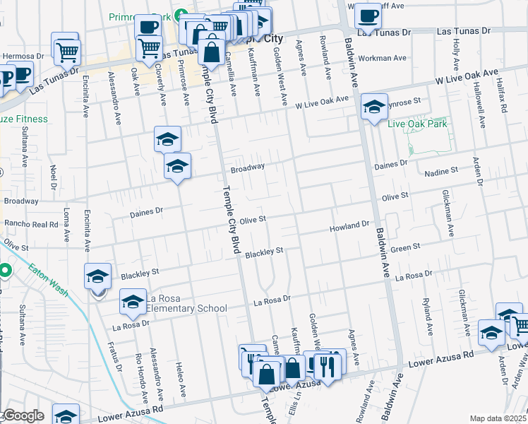 map of restaurants, bars, coffee shops, grocery stores, and more near 9655 Olive Street in Temple City