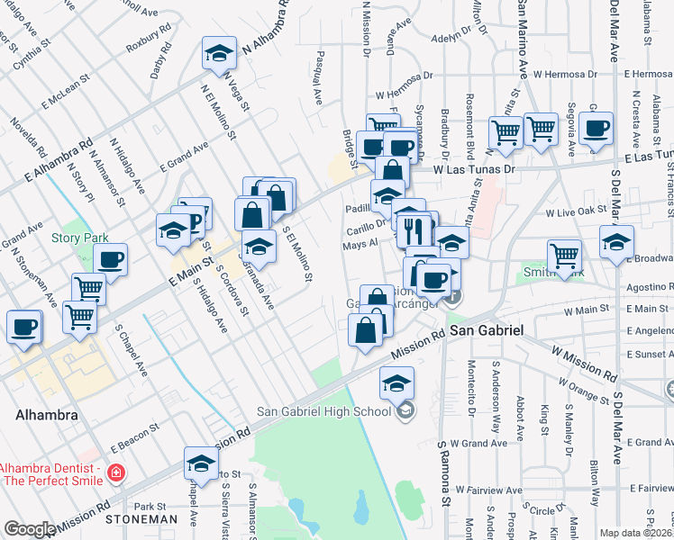 map of restaurants, bars, coffee shops, grocery stores, and more near 301 South Arroyo Drive in San Gabriel