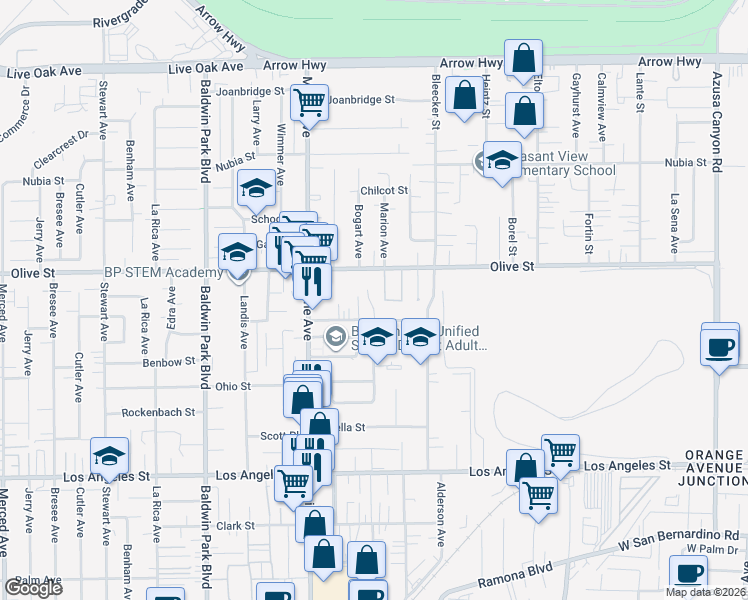 map of restaurants, bars, coffee shops, grocery stores, and more near 14636 Vía El Camino in Baldwin Park