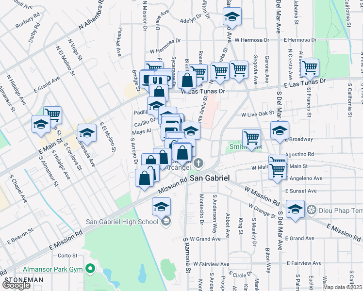 map of restaurants, bars, coffee shops, grocery stores, and more near 320 South Mission Drive in San Gabriel