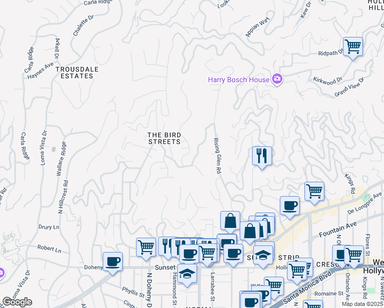 map of restaurants, bars, coffee shops, grocery stores, and more near 1476 Blue Jay Way in Los Angeles
