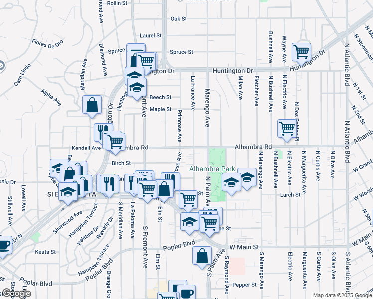 map of restaurants, bars, coffee shops, grocery stores, and more near 2306 Alhambra Road in Alhambra
