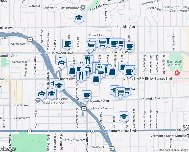 map of restaurants, bars, coffee shops, grocery stores, and more near 5419 W Sunset Blvd in Los Angeles