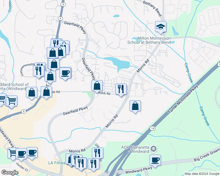 map of restaurants, bars, coffee shops, grocery stores, and more near 824 Red Hart Lane in Alpharetta