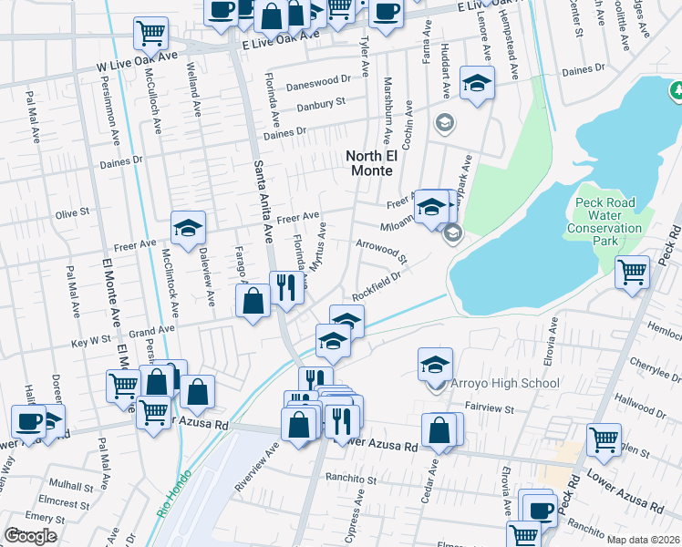 map of restaurants, bars, coffee shops, grocery stores, and more near 5109 Tyler Avenue in Temple City
