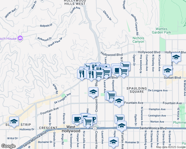 map of restaurants, bars, coffee shops, grocery stores, and more near 8098 Selma Avenue in Los Angeles