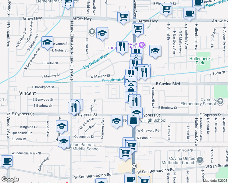 map of restaurants, bars, coffee shops, grocery stores, and more near 1045 North Azusa Avenue in Covina