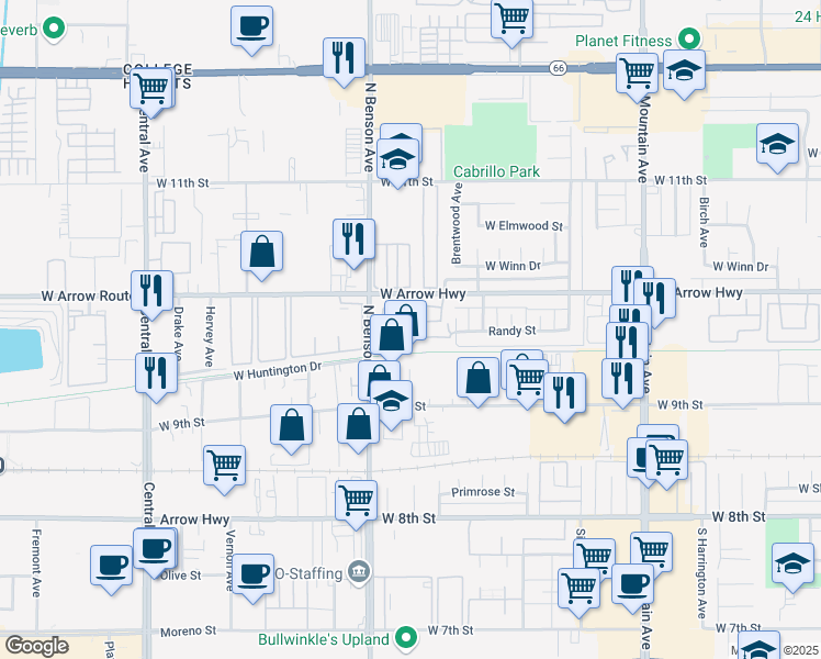 map of restaurants, bars, coffee shops, grocery stores, and more near 1536 Corte Caballo in Upland