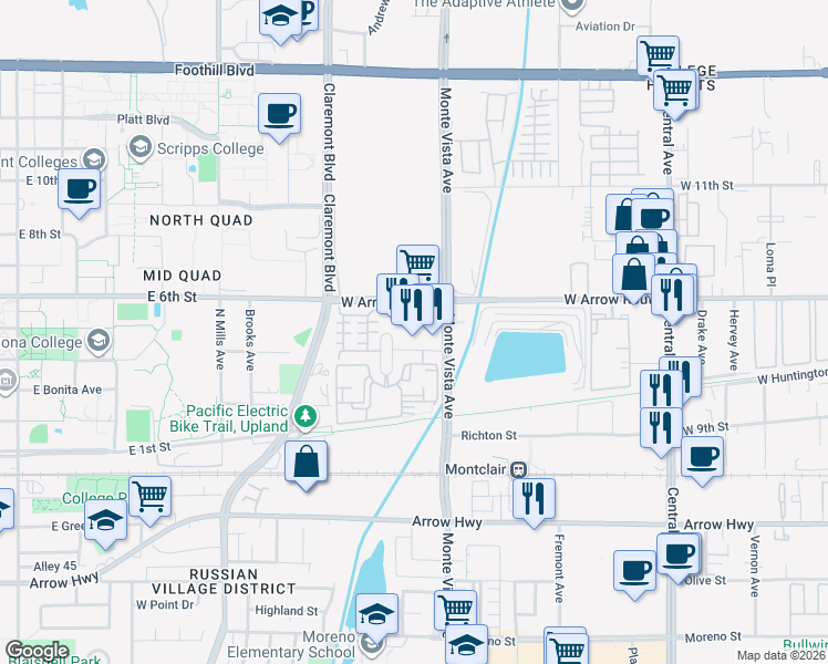 map of restaurants, bars, coffee shops, grocery stores, and more near 250 College Park Drive in Upland