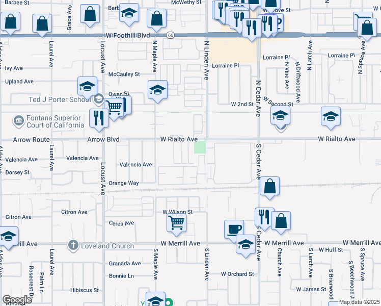 map of restaurants, bars, coffee shops, grocery stores, and more near 200 South Linden Avenue in Rialto