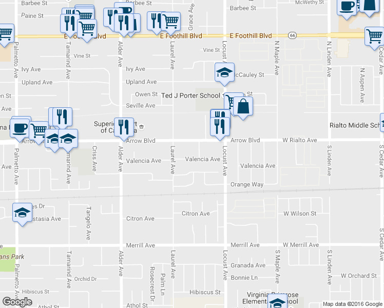 map of restaurants, bars, coffee shops, grocery stores, and more near 17971 Valencia Avenue in Fontana