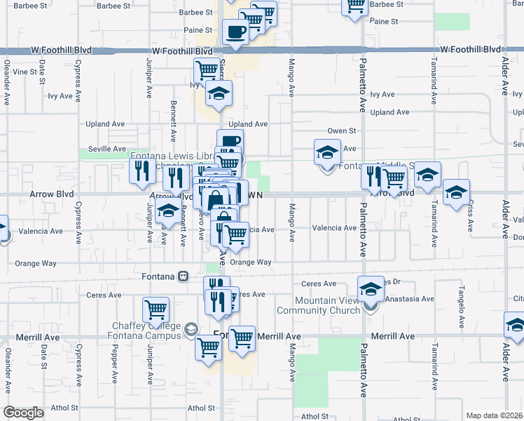 map of restaurants, bars, coffee shops, grocery stores, and more near 8566 Newport Avenue in Fontana