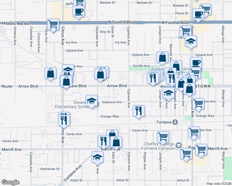 map of restaurants, bars, coffee shops, grocery stores, and more near 16392 Valencia Avenue in Fontana