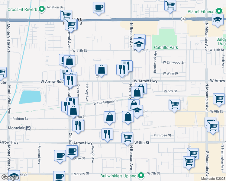 map of restaurants, bars, coffee shops, grocery stores, and more near 1678 West Arrow Route in Upland