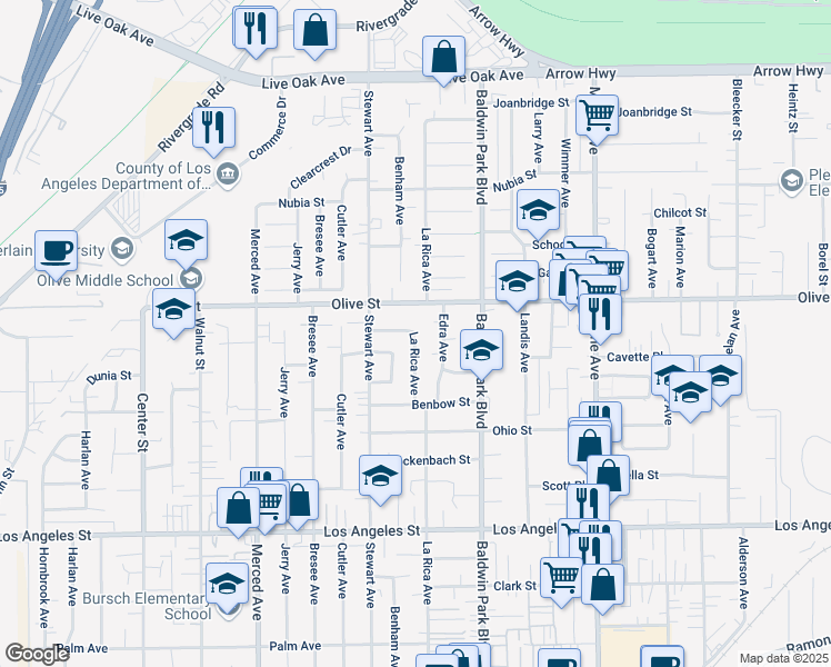 map of restaurants, bars, coffee shops, grocery stores, and more near 4718 La Rica Avenue in Baldwin Park