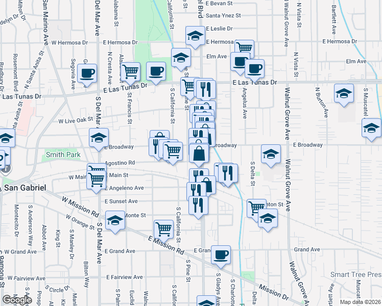 map of restaurants, bars, coffee shops, grocery stores, and more near 707 Agostino Road in San Gabriel