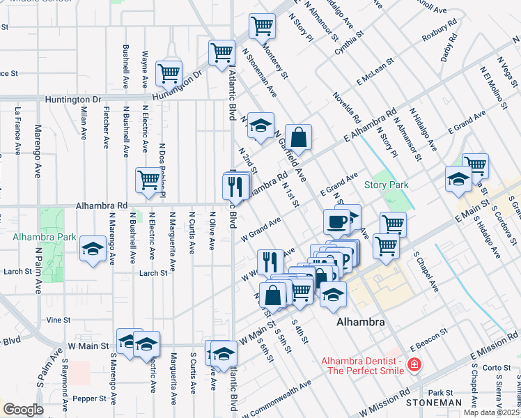 map of restaurants, bars, coffee shops, grocery stores, and more near 217 West Grand Avenue in Alhambra