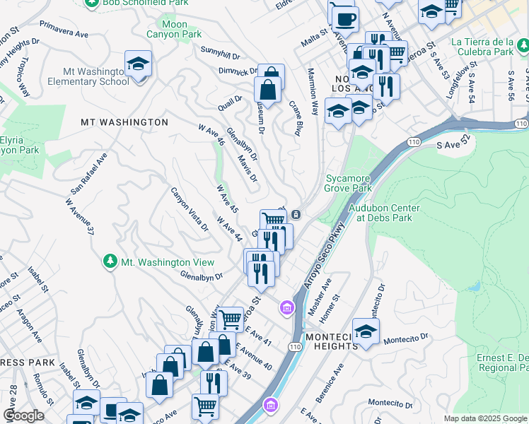 map of restaurants, bars, coffee shops, grocery stores, and more near 4531 Glenalbyn Drive in Los Angeles