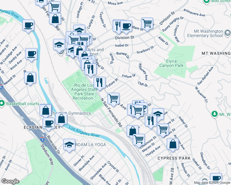 map of restaurants, bars, coffee shops, grocery stores, and more near 2909 Asbury Street in Los Angeles