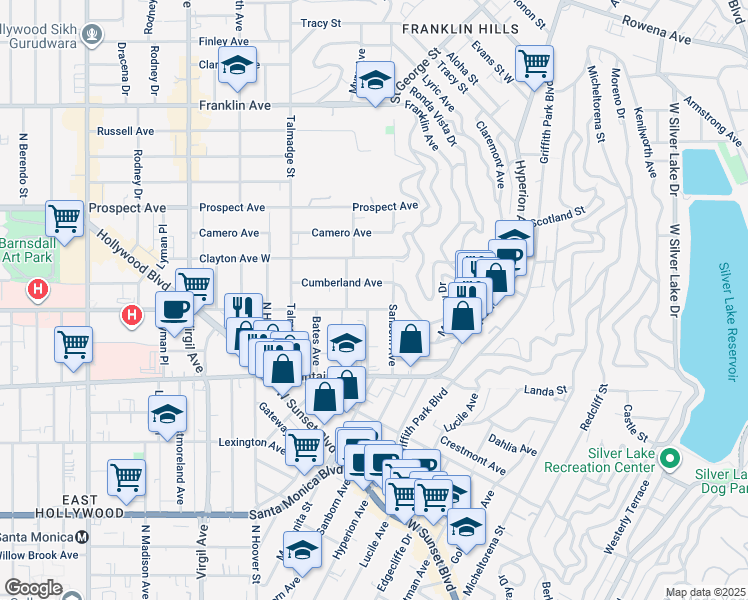map of restaurants, bars, coffee shops, grocery stores, and more near 1442 Manzanita Street in Los Angeles