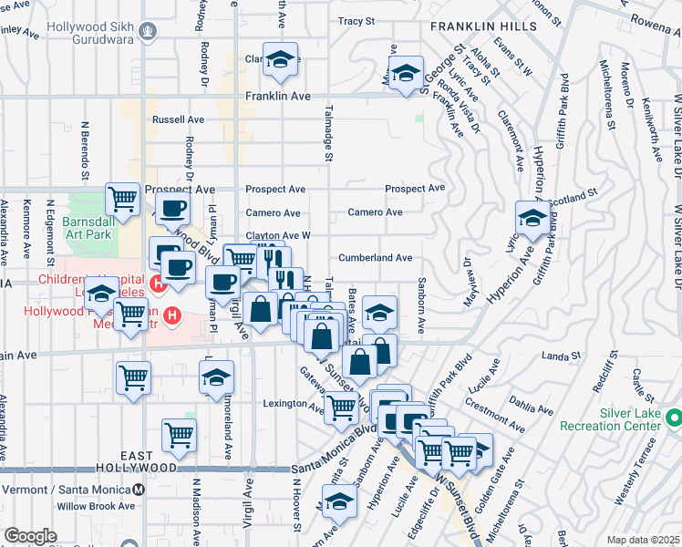 map of restaurants, bars, coffee shops, grocery stores, and more near 4224 Sunset Drive in Los Angeles