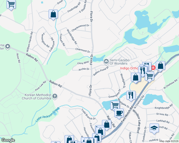 map of restaurants, bars, coffee shops, grocery stores, and more near 104 Gordon Drive in Columbia