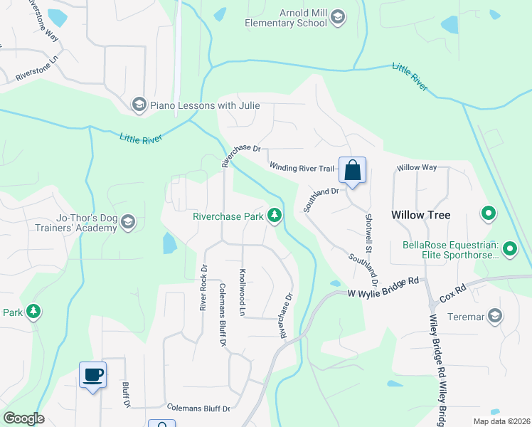map of restaurants, bars, coffee shops, grocery stores, and more near 342 Knollwood Lane in Woodstock