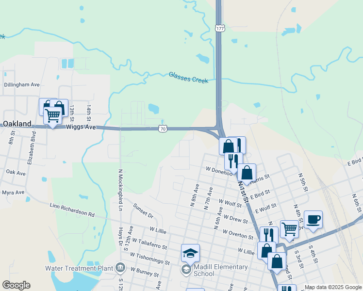map of restaurants, bars, coffee shops, grocery stores, and more near 910 West Briarwood Drive in Madill