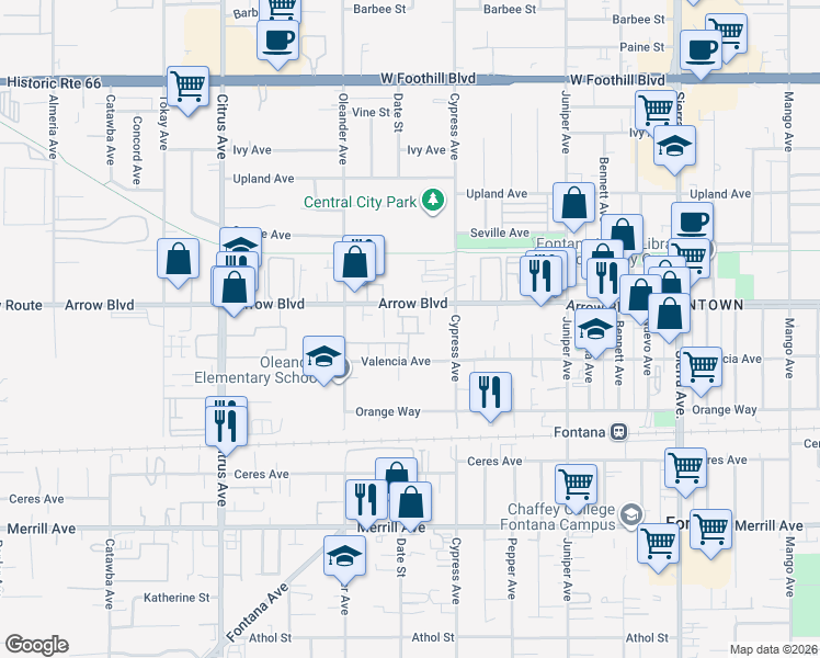 map of restaurants, bars, coffee shops, grocery stores, and more near 16392 Valencia Avenue in Fontana