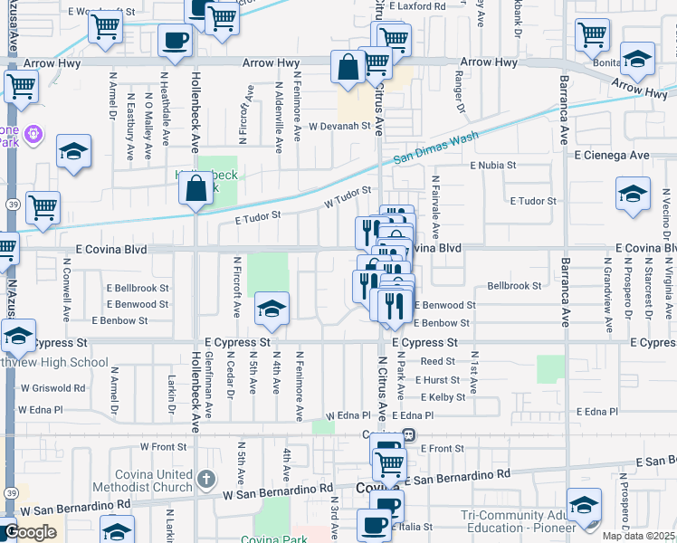 map of restaurants, bars, coffee shops, grocery stores, and more near 4726 North Edenfield Avenue in Covina