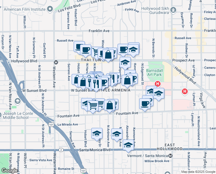 map of restaurants, bars, coffee shops, grocery stores, and more near 5140 Sunset Boulevard in Los Angeles