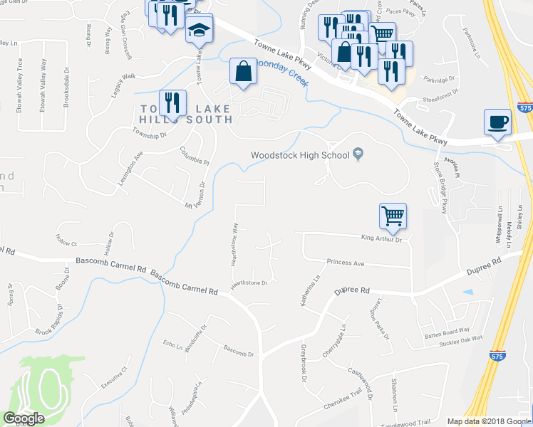 map of restaurants, bars, coffee shops, grocery stores, and more near 432 Hearthstone Way in Woodstock
