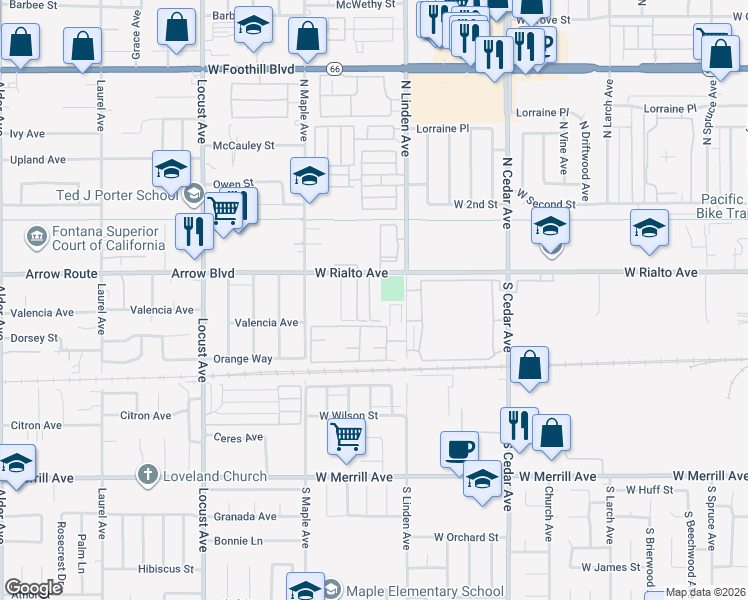 map of restaurants, bars, coffee shops, grocery stores, and more near 200 South Linden Avenue in Rialto