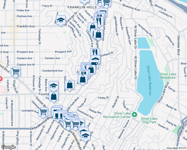 map of restaurants, bars, coffee shops, grocery stores, and more near 2023 Griffith Park Boulevard in Los Angeles