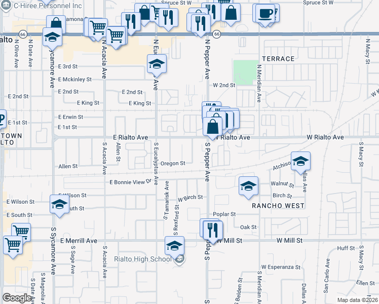 map of restaurants, bars, coffee shops, grocery stores, and more near 156 South Loretta Street in Rialto