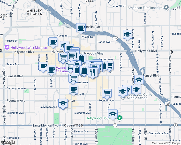 map of restaurants, bars, coffee shops, grocery stores, and more near in Los Angeles
