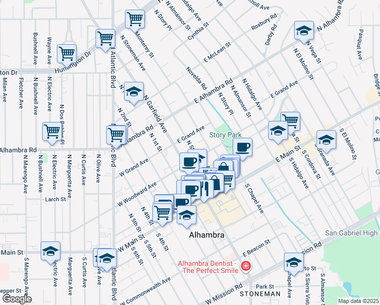 map of restaurants, bars, coffee shops, grocery stores, and more near 315 North Stoneman Avenue in Alhambra