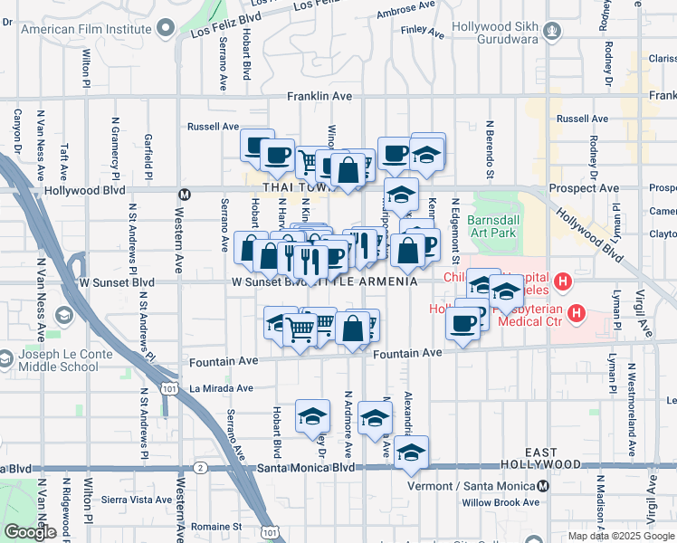 map of restaurants, bars, coffee shops, grocery stores, and more near 5140 Sunset Boulevard in Los Angeles