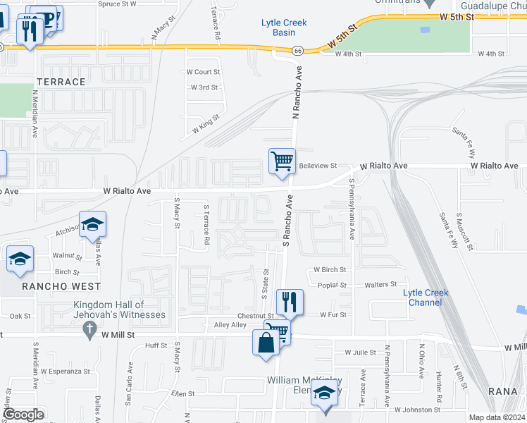 map of restaurants, bars, coffee shops, grocery stores, and more near 2075 West Rialto Avenue in San Bernardino