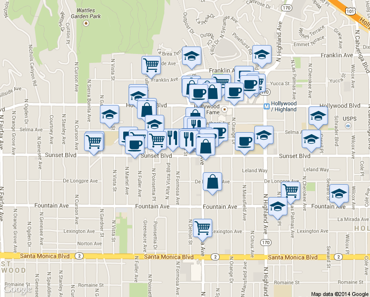 map of restaurants, bars, coffee shops, grocery stores, and more near 7135 Sunset Boulevard in Los Angeles