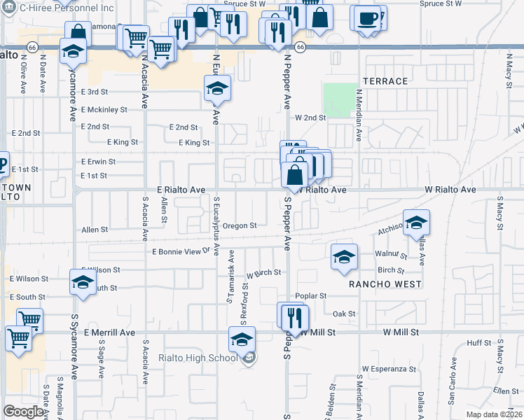 map of restaurants, bars, coffee shops, grocery stores, and more near 156 South Loretta Street in Rialto