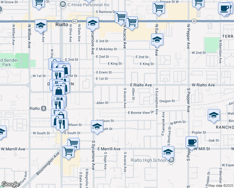 map of restaurants, bars, coffee shops, grocery stores, and more near 109 South Joyce Avenue in Rialto