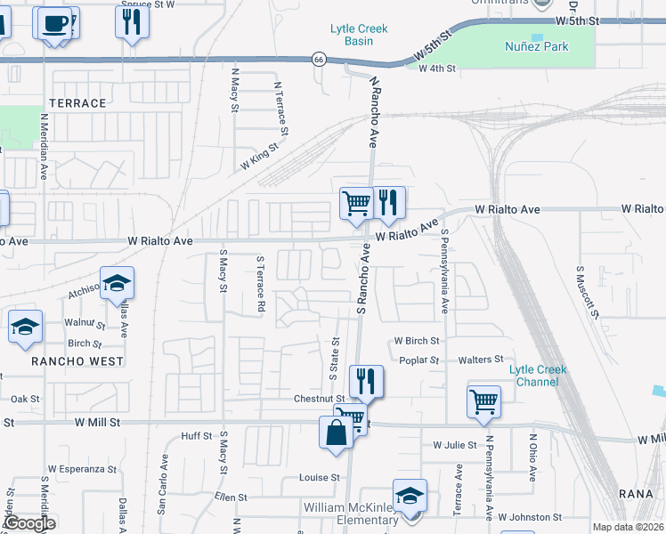 map of restaurants, bars, coffee shops, grocery stores, and more near 2075 West Rialto Avenue in San Bernardino